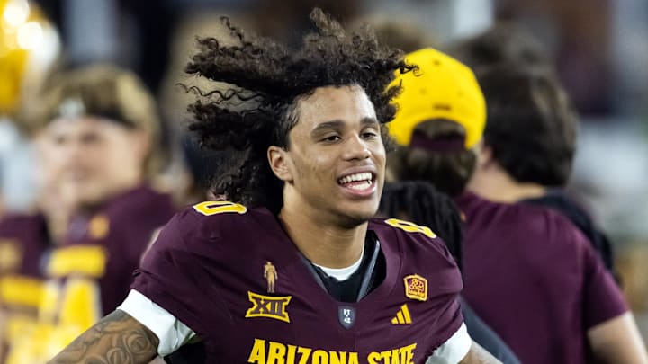 Nov 28, 2025; Tempe, Arizona, USA; Arizona State Sun Devils wide receiver Jordyn Tyson (0) against the Arizona Wildcats during the 99th Territorial Cup at Mountain America Stadium. Mandatory Credit: Mark J. Rebilas-Imagn Images