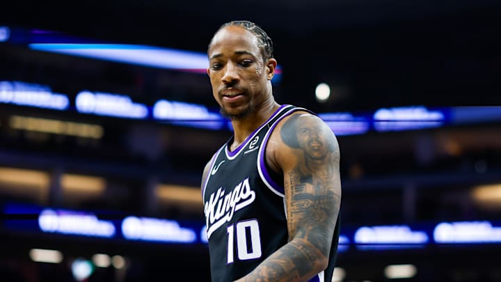 Jan 20, 2026; Sacramento, California, USA; Sacramento Kings guard DeMar DeRozan (10) looks at Miami Heat guard Pelle Larsson (9) after a play during the second quarter at Golden 1 Center. Mandatory Credit: Sergio Estrada-Imagn Images