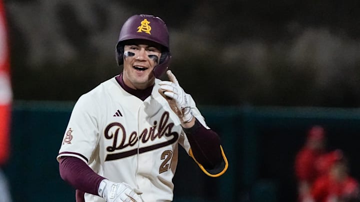 Josiah Cromwick (21) of the Arizona State Sun Devils celebrates as he reaches second base during ASU’s home opener against Ohio State on Feb. 14, 2025, in Phoenix, Ariz. Josiah Cromwick (21) of the Arizona State Sun Devils celebrates as he reaches second base during ASU’s home opener against Ohio State on Feb. 14, 2025, in Phoenix, Ariz.