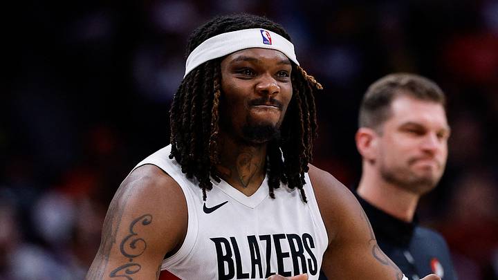Apr 6, 2026; Denver, Colorado, USA; Portland Trail Blazers center Robert Williams III (35) reacts from the sideline in the third quarter against the Denver Nuggets at Ball Arena. Mandatory Credit: Isaiah J. Downing-Imagn Images
