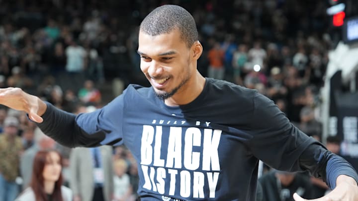 Feb 7, 2026; San Antonio, Texas, USA;  San Antonio Spurs forward Victor Wembanyama (1) is introduced before the game against the Dallas Mavericks at Frost Bank Center. Mandatory Credit: Daniel Dunn-Imagn Images