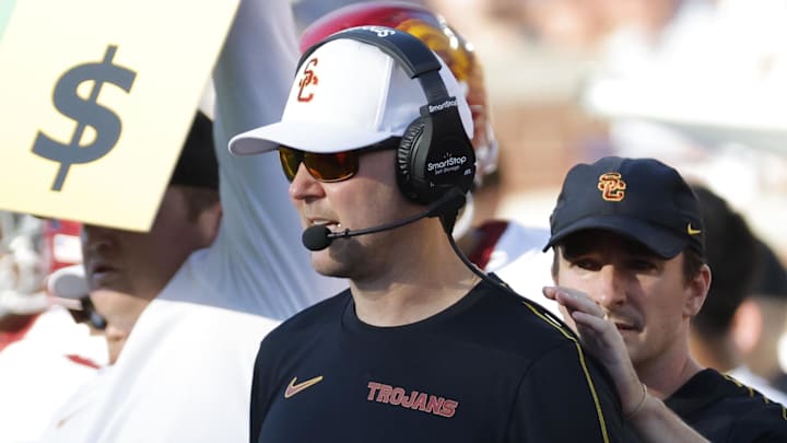 Sep 21, 2024; Ann Arbor, Michigan, USA; USC Trojans head coach Lincoln Riley on the sideline in the second half against the Michigan Wolverines at Michigan Stadium. Mandatory Credit: Rick Osentoski-Imagn Images Sep 21, 2024; Ann Arbor, Michigan, USA; USC Trojans head coach Lincoln Riley on the sideline in the second half against the Michigan Wolverines at Michigan Stadium. Mandatory Credit: Rick Osentoski-Imagn Images
