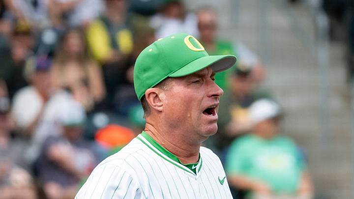 Oregon coach Mark Wasikowski comes out from the dugout to dispute a call as the Oregon Ducks host the Washington Huskies on May 10, 2025, at PK Park in Eugene. Oregon coach Mark Wasikowski comes out from the dugout to dispute a call as the Oregon Ducks host the Washington Huskies on May 10, 2025, at PK Park in Eugene.