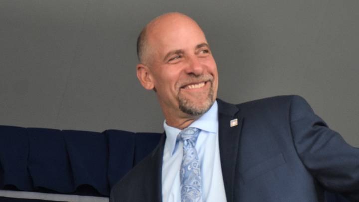 John Smoltz acknowledges the crowd during the introduction of returning inductees at the National Baseball Hall of Fame's 2024 induction ceremony Sunday, July 21, 2024, at the Clark Sports Center in Cooperstown, New York.