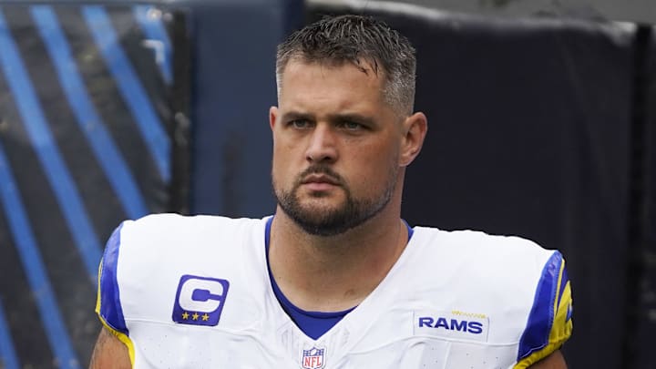 Sep 29, 2024; Chicago, Illinois, USA; Los Angeles Rams offensive tackle Rob Havenstein (79) in a game against the Chicago Bears at Soldier Field. Mandatory Credit: David Banks-Imagn Images