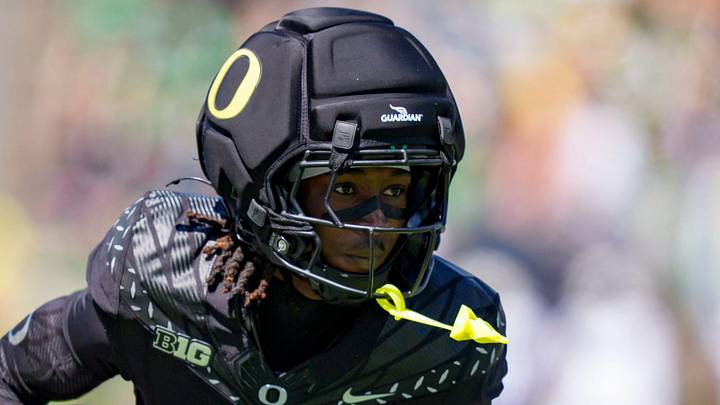 Combat Ducks wide receiver Iverson Hooks carries the ball during warmups during the Oregon Ducks annual spring game on April 25, 2026 at Autzen Stadium in Eugene, Oregon.