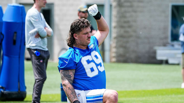 Detroit Lions guard Tate Ratledge (69). Detroit Lions guard Tate Ratledge (69).