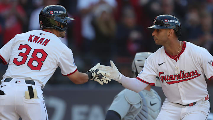 Cleveland Guardians shortstop Brayan Rocchio (4) celebrates his solo homer with left fielder Steven Kwan (38) during the eighth inning of Game 2 of the American League wild card series at Progressive Field, Oct. 1, 2025, in Cleveland, Ohio. Cleveland Guardians shortstop Brayan Rocchio (4) celebrates his solo homer with left fielder Steven Kwan (38) during the eighth inning of Game 2 of the American League wild card series at Progressive Field, Oct. 1, 2025, in Cleveland, Ohio.