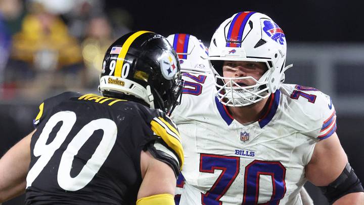 Nov 30, 2025; Pittsburgh, Pennsylvania, USA;  Buffalo Bills offensive tackle Alec Anderson (70) blocks against Pittsburgh Steelers outside linebacker T.J. Watt (90) during the third quarter at Acrisure Stadium. Mandatory Credit: Charles LeClaire-Imagn Images