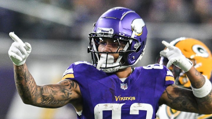 Dec 29, 2024; Minneapolis, Minnesota, USA; Minnesota Vikings wide receiver Jalen Nailor (83) reacts during the first quarter after a catch against the Green Bay Packers at U.S. Bank Stadium. Mandatory Credit: Jeffrey Becker-Imagn Images Dec 29, 2024; Minneapolis, Minnesota, USA; Minnesota Vikings wide receiver Jalen Nailor (83) reacts during the first quarter after a catch against the Green Bay Packers at U.S. Bank Stadium. Mandatory Credit: Jeffrey Becker-Imagn Images