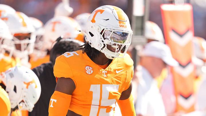 Tennessee defensive back Edrees Farooq (15) celebrates on the field during a college football game between Tennessee and Mississippi State at Davis Wade Stadium in Starkville, Miss., on Sept. 27, 2025.