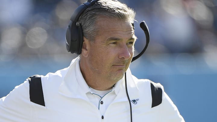 Dec 12, 2021; Nashville, Tennessee, USA;  Jacksonville Jaguars head coach Urban Meyer paces the sidelines against the Tennessee Titans during first half at Nissan Stadium.