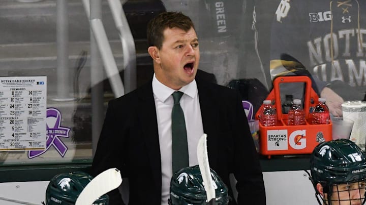 MSU hockey coach Adam Nightingale coaches his Spartans against Notre Dame, Saturday, Nov. 15, 2024, at Munn Ice Arena. MSU won 4-3 to sweep the series.