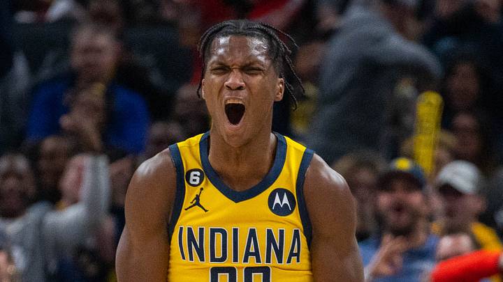 Indiana Pacers guard Bennedict Mathurin (00) celebrates a basket in the second half against the Brooklyn Nets at Gainbridge Fieldhouse on November 25, 2022.