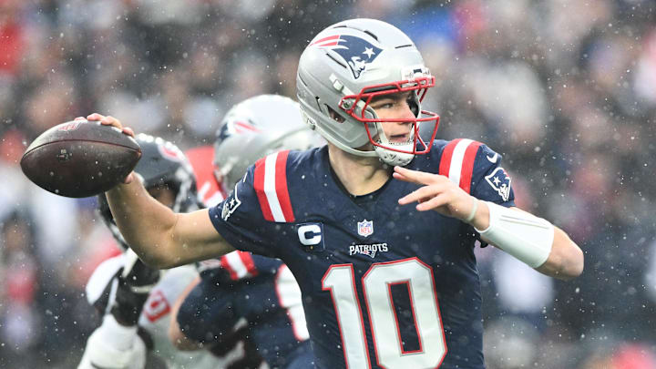 Jan 18, 2026; Foxborough, MA, USA; New England Patriots quarterback Drake Maye (10) throws in the first quarter in an AFC Divisional Round game against the Houston Texans at Gillette Stadium. Mandatory Credit: Brian Fluharty-Imagn Images