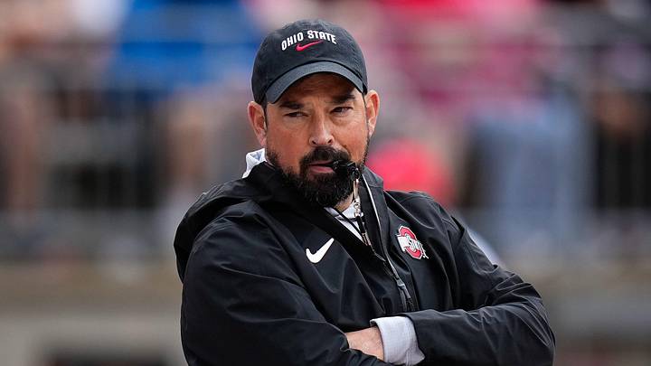 Ohio State Buckeyes head coach Ryan Day watches his players in the first half of the Ohio State football spring game at Ohio Stadium on Saturday, April 18, 2026 in Columbus, Ohio. Ohio State Buckeyes head coach Ryan Day watches his players in the first half of the Ohio State football spring game at Ohio Stadium on Saturday, April 18, 2026 in Columbus, Ohio.
