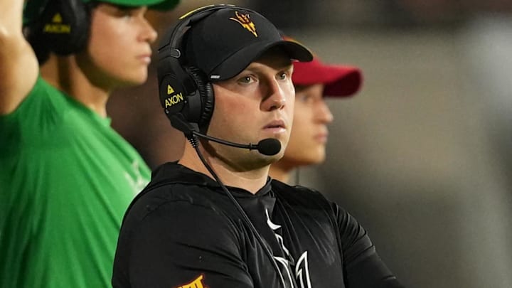 Sep 26, 2025; Tempe, Arizona, USA; Arizona State Sun Devils head coach Kenny Dillingham looks on against TCU Horned Frogs in the second half at Mountain America Stadium, Home of the ASU Sun Devils. Mandatory Credit: Jacob Reiner-Imagn Images Sep 26, 2025; Tempe, Arizona, USA; Arizona State Sun Devils head coach Kenny Dillingham looks on against TCU Horned Frogs in the second half at Mountain America Stadium, Home of the ASU Sun Devils. Mandatory Credit: Jacob Reiner-Imagn Images