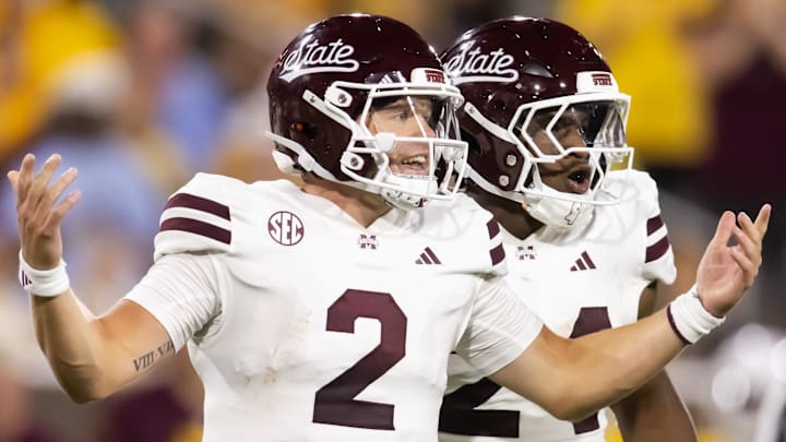Mississippi State Bulldogs quarterback Blake Shapen (2) with running back Keyvone Lee (24) against the Arizona State Sun Devils at Mountain America Stadium. Mississippi State Bulldogs quarterback Blake Shapen (2) with running back Keyvone Lee (24) against the Arizona State Sun Devils at Mountain America Stadium.