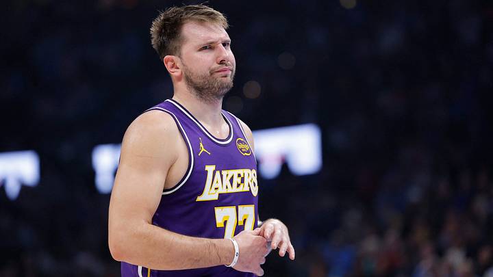 Nov 12, 2025; Oklahoma City, Oklahoma, USA; Los Angeles Lakers guard Luka Doncic reacts to a fan during the second quarter of a game against the Oklahoma City Thunder at Paycom Center. Mandatory Credit: Alonzo Adams-Imagn Images Nov 12, 2025; Oklahoma City, Oklahoma, USA; Los Angeles Lakers guard Luka Doncic reacts to a fan during the second quarter of a game against the Oklahoma City Thunder at Paycom Center. Mandatory Credit: Alonzo Adams-Imagn Images