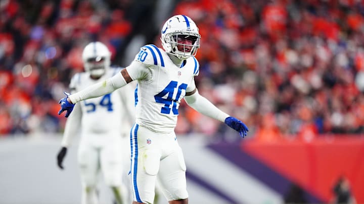Dec 15, 2024; Denver, Colorado, USA; Indianapolis Colts cornerback Jaylon Jones (40) reacts in the second half against the Denver Broncos at Empower Field at Mile High. 