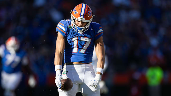 Nov 23, 2024; Gainesville, Florida, USA; Florida Gators wide receiver Chimere Dike (17) reacts after a catch against the Mississippi Rebels during the second half at Ben Hill Griffin Stadium. Mandatory Credit: Matt Pendleton-Imagn Images