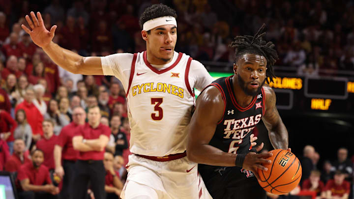 Feb 17, 2024; Ames, Iowa, USA; Texas Tech Red Raiders guard Joe Toussaint (6) controls the ball against Iowa State Cyclones guard Tamin Lipsey (3) during the second half at James H. Hilton Coliseum. Feb 17, 2024; Ames, Iowa, USA; Texas Tech Red Raiders guard Joe Toussaint (6) controls the ball against Iowa State Cyclones guard Tamin Lipsey (3) during the second half at James H. Hilton Coliseum.