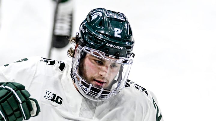 Michigan State's Patrick Geary celebrates his goal against Ohio State during the second period on Saturday, Feb. 24, 2024, at Munn Arena in East Lansing. Michigan State's Patrick Geary celebrates his goal against Ohio State during the second period on Saturday, Feb. 24, 2024, at Munn Arena in East Lansing.