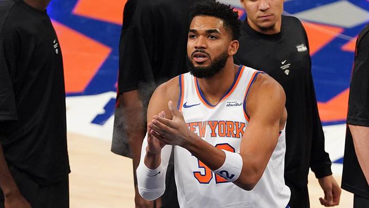 Oct 8, 2026; New York, New York, USA;  New York Knicks center Karl-Anthony Towns (32) before tip-off against the Washington Wizards at Madison Square Garden.  Mandatory Credit: Alexander Wohl-Imagn Images
