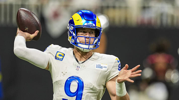 Dec 29, 2025; Atlanta, Georgia, USA; Los Angeles Rams quarterback Matthew Stafford (9) passes against the Atlanta Falcons during the second half at Mercedes-Benz Stadium. Mandatory Credit: Dale Zanine-Imagn Images