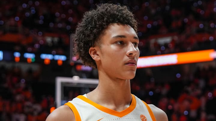 Tennessee forward Nate Ament (10) walks off the court after losing a NCAA basketball game between Tennessee and Alabama at Thompson-Boling Arena at Food City Center in Knoxville, Tenn., on Feb. 28, 2026.