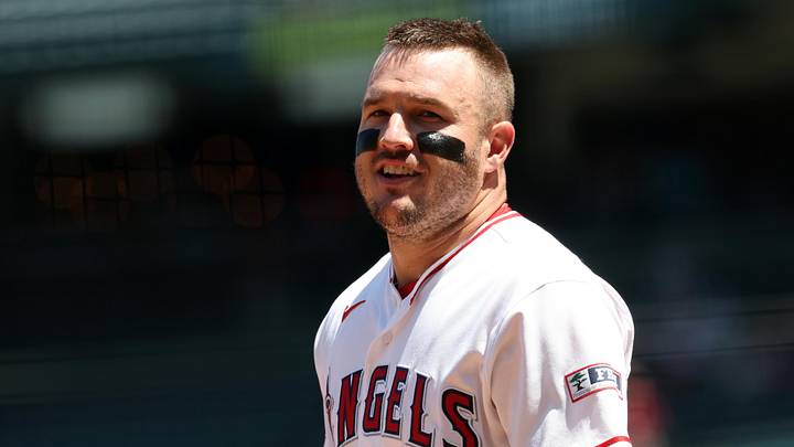 May 6, 2026; Anaheim, California, USA;  Los Angeles Angels center fielder Mike Trout (27) looks on during the second inning against the Chicago White Sox at Angel Stadium. Mandatory Credit: Kiyoshi Mio-Imagn Images