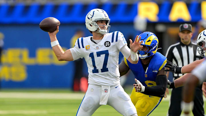 Sep 28, 2025; Inglewood, California, USA; Indianapolis Colts quarterback Daniel Jones (17) throws a pass in the second half against the Los Angeles Rams at SoFi Stadium. 