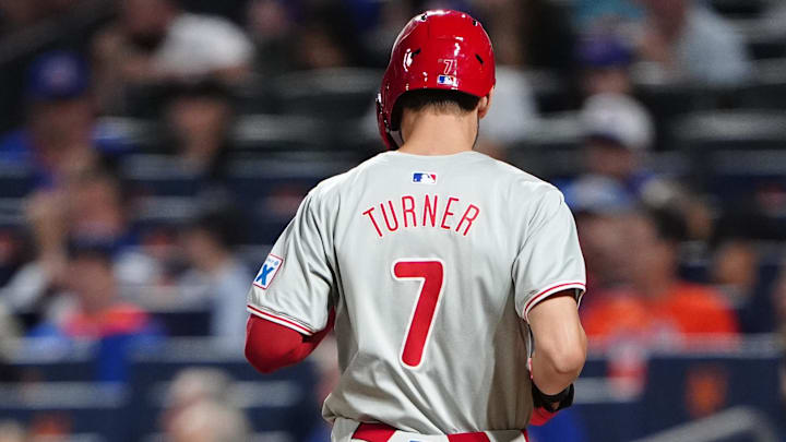 Sep 22, 2024; New York City, New York, USA; Philadelphia Phillies shortstop Trea Turner (7) scores a run on Philadelphia Phillies third baseman Alec Bohm (not pictured) RBI single against the New York Mets during the first inning at Citi Field