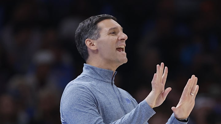 Oct 30, 2025; Oklahoma City, Oklahoma, USA; Oklahoma City Thunder head coach Mark Daigneault gestures to his team during a play against the Washington Wizards during the second half at Paycom Center. Mandatory Credit: Alonzo Adams-Imagn Images
