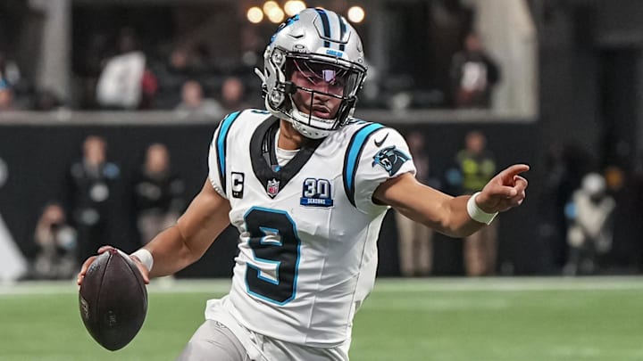 Jan 5, 2025; Atlanta, Georgia, USA; Carolina Panthers quarterback Bryce Young (9) runs for a touchdown against the Atlanta Falcons during the second half at Mercedes-Benz Stadium. Mandatory Credit: Dale Zanine-Imagn Images