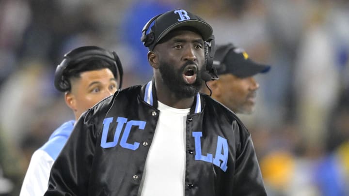 Nov 8, 2024; Pasadena, California, USA; UCLA Bruins head coach DeShaun Foster on the sidelines during the second half against the Iowa Hawkeyes at the Rose Bowl. Mandatory Credit: Jayne Kamin-Oncea-Imagn Images Nov 8, 2024; Pasadena, California, USA; UCLA Bruins head coach DeShaun Foster on the sidelines during the second half against the Iowa Hawkeyes at the Rose Bowl. Mandatory Credit: Jayne Kamin-Oncea-Imagn Images