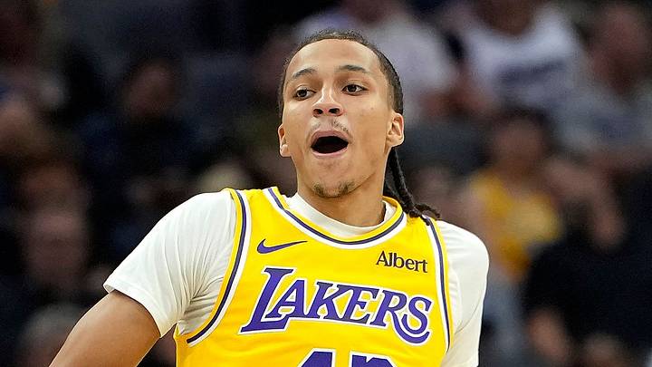 SACRAMENTO, CALIFORNIA - OCTOBER 05: Cameron Carr #43 of the Los Angeles Lakers reacts after making a three-point shot against the Sacramento Kings in the second half of a preseason game at Golden 1 Center on October 05, 2026 in Sacramento, California. (Photo by Thearon W. Henderson/Getty Images)