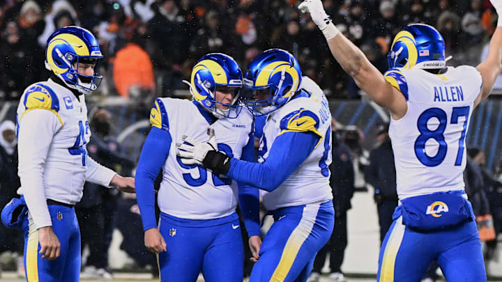 Jan 18, 2026; Chicago, IL, USA; Los Angeles Rams placekicker Harrison Mevis (92) celebrates with punter Ethan Evans (42), offensive tackle David Quessenberry (68) and tight end Davis Allen (87) after kicking the game-winning field goal against the Chicago Bears during overtime of an NFC Divisional Round game at Soldier Field. Mandatory Credit: Matt Marton-Imagn Images Jan 18, 2026; Chicago, IL, USA; Los Angeles Rams placekicker Harrison Mevis (92) celebrates with punter Ethan Evans (42), offensive tackle David Quessenberry (68) and tight end Davis Allen (87) after kicking the game-winning field goal against the Chicago Bears during overtime of an NFC Divisional Round game at Soldier Field. Mandatory Credit: Matt Marton-Imagn Images