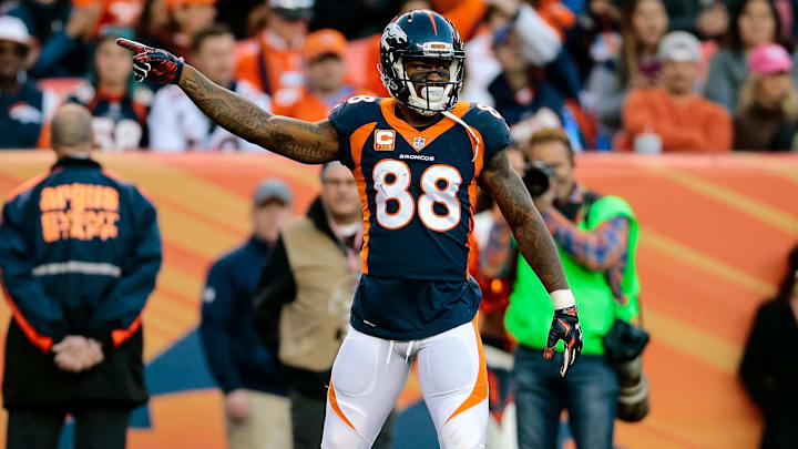Dec 10, 2017; Denver, CO, USA; Denver Broncos wide receiver Demaryius Thomas (88) celebrates after a play in the fourth quarter against the New York Jets at Sports Authority Field at Mile High. Dec 10, 2017; Denver, CO, USA; Denver Broncos wide receiver Demaryius Thomas (88) celebrates after a play in the fourth quarter against the New York Jets at Sports Authority Field at Mile High.