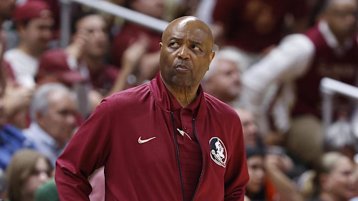 Feb 25, 2023; Coral Gables, Florida, USA; Florida State Seminoles head coach Leonard Hamilton looks at the scoreboard against the Miami Hurricanes during the second half at Watsco Center. Mandatory Credit: Rhona Wise-Imagn Images Feb 25, 2023; Coral Gables, Florida, USA; Florida State Seminoles head coach Leonard Hamilton looks at the scoreboard against the Miami Hurricanes during the second half at Watsco Center. Mandatory Credit: Rhona Wise-Imagn Images