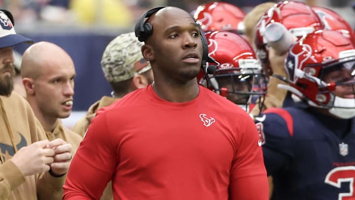 Nov 19, 2023; Houston, Texas, USA; Houston Texans head coach DeMeco Ryans walks the sidelines while the Texans play the Arizona Cardinals in the second half at NRG Stadium. Mandatory Credit: Thomas Shea-Imagn Images
