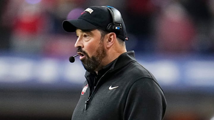 Ohio State Buckeyes head coach Ryan Day watches during the first half of the Big Ten Conference championship game against the Indiana Hoosiers at Lucas Oil Stadium in Indianapolis on Dec. 6, 2025.