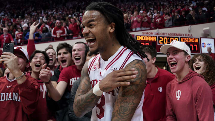 Feb 7, 2026; Bloomington, Indiana, USA; Indiana Hoosiers guard Lamar Wilkerson (3) celebrates after the game against the Wisconsin Badgers at Simon Skjodt Assembly Hall.