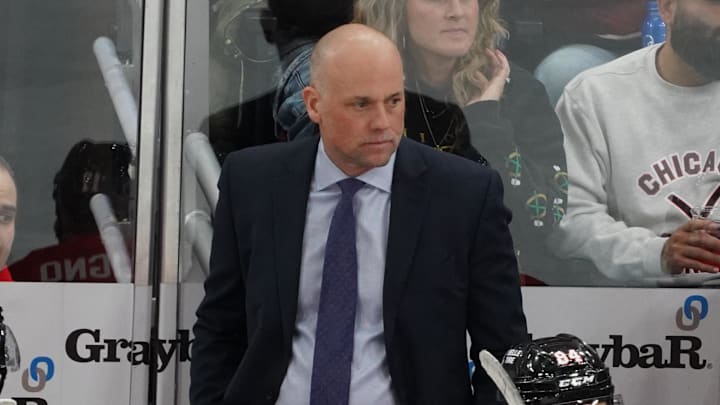 Jan 1, 2026; Chicago, Illinois, USA; Chicago Blackhawks head coach Jeff Blashill behind the bench against the Dallas Stars during the third period at United Center. Mandatory Credit: David Banks-Imagn Images