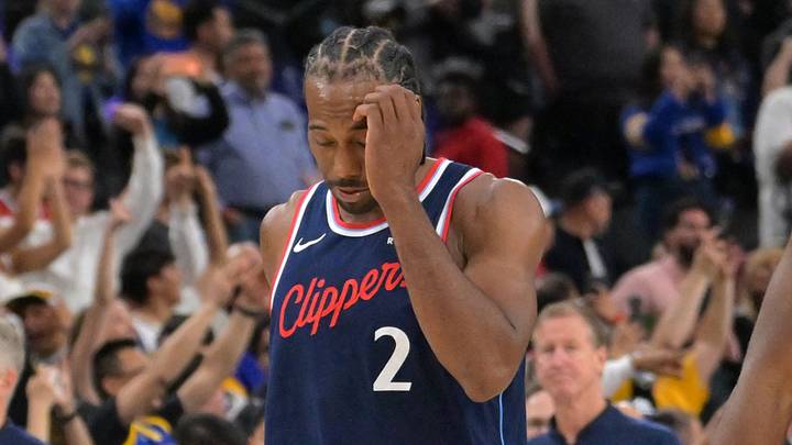 Apr 15, 2026; Inglewood, California, USA; Los Angeles Clippers forward Kawhi Leonard (2) leaves the court after being defeated by the Golden State Warriors during the play-in rounds of the 2026 NBA Playoffs at Intuit Dome. Mandatory Credit: Jayne Kamin-Oncea-Imagn Images