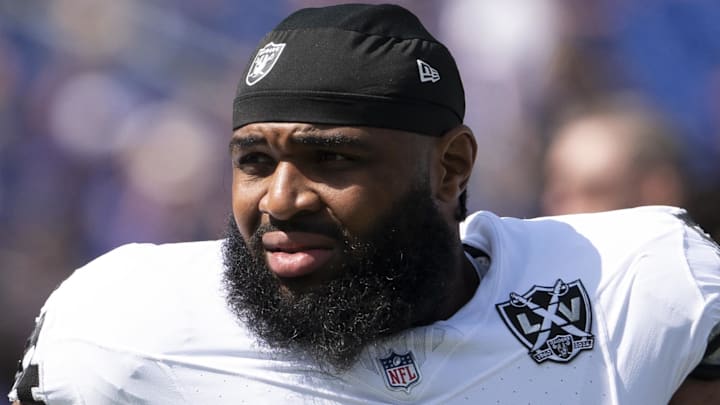 Sep 15, 2024; Baltimore, Maryland, USA;  Las Vegas Raiders defensive tackle Christian Wilkins (94) before the game against the Baltimore Ravens at M&T Bank Stadium. Mandatory Credit: Tommy Gilligan-Imagn Images