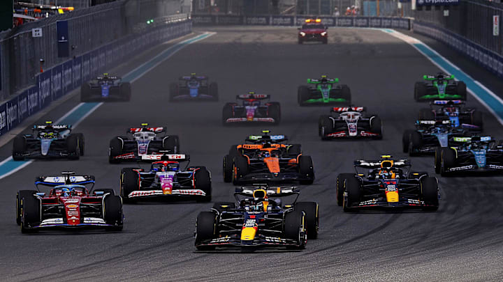 May 4, 2024; Miami Gardens, Florida, USA; Red Bull Racing driver Max Verstappen (1) leads the start of the F1 Sprint Race at Miami International Autodrome. Mandatory Credit: Peter Casey-Imagn Images May 4, 2024; Miami Gardens, Florida, USA; Red Bull Racing driver Max Verstappen (1) leads the start of the F1 Sprint Race at Miami International Autodrome. Mandatory Credit: Peter Casey-Imagn Images