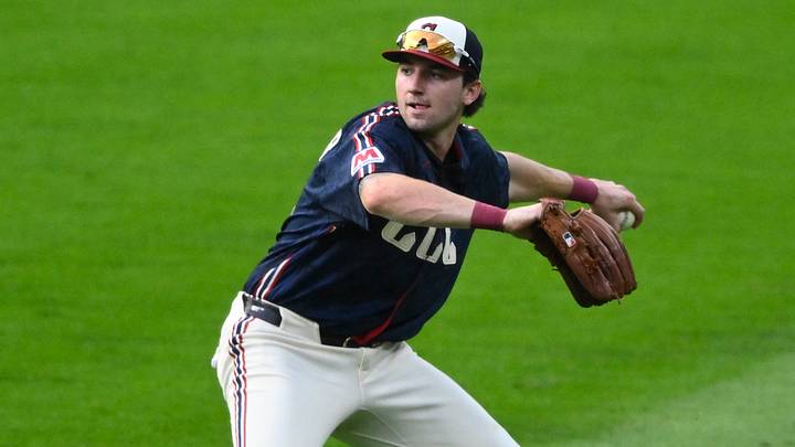 Aug 14, 2026; Cleveland, Ohio, USA; Cleveland Guardians right fielder Chase DeLauter (24) throws the ball to the infield in the second inning against the San Diego Padres at Progressive Field. Mandatory Credit: David Richard-Imagn Images Aug 14, 2026; Cleveland, Ohio, USA; Cleveland Guardians right fielder Chase DeLauter (24) throws the ball to the infield in the second inning against the San Diego Padres at Progressive Field. Mandatory Credit: David Richard-Imagn Images