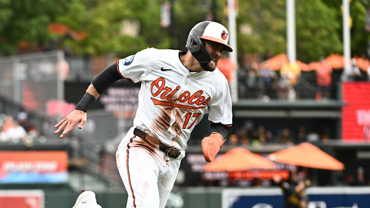 Sep 11, 2025; Baltimore, Maryland, USA;  Baltimore Orioles outfielder Colton Cowser (17) rounds the bases on an rbi single by first baseman Coby Mayo (not pictured) during the second inning against the Pittsburgh Pirates at Oriole Park at Camden Yards. Mandatory Credit: James A. Pittman-Imagn Images