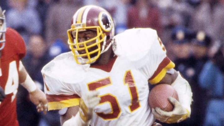 Jan 8, 1984; Washington, DC, USA; FILE PHOTO; Washington Redskins linebacker Monte Coleman (51) runs with the ball during the 1983 NFC Championship game against the San Francisco 49ers at RFK Stadium. The Redskins defeated the 49ers 24-21. Mandatory credit: Malcolm Emmons-Imagn Images